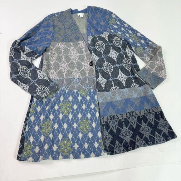 J. Jill Sweater Women Large Blue Abstract Button Front Cardigan Artsy Patchwork - Picture 1 of 9